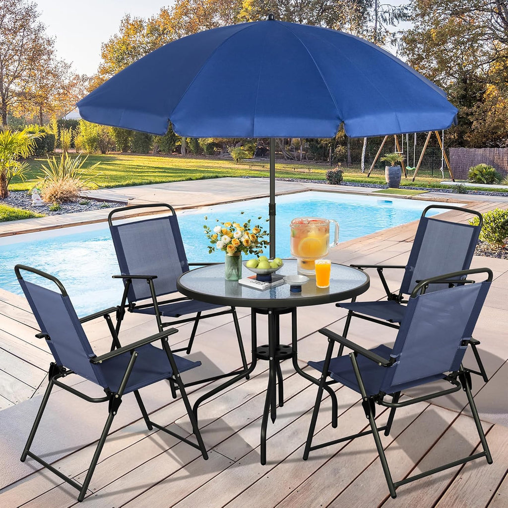 Vongrasig 6 Piece Folding Patio Dining Set,Small Metal Outdoor Garden Patio Table and Chair Set w/Umbrella for Lawn,Deck,Backyard,Black