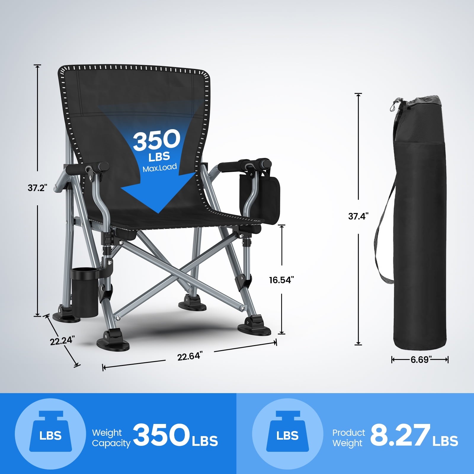 LNOW Folding Camping Chair with Cup Holder & Side Pocket Lightweight Portable Chairs for Beach, Sports, Fishing, ‌‌Black
