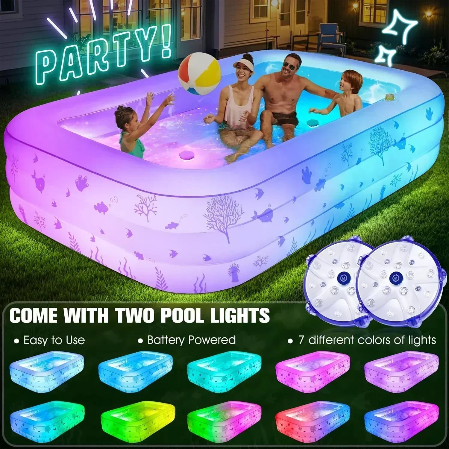 Inflatable Pool with Seat and Pool Lights Durable Thickened Large Size Family Inflatable Pools