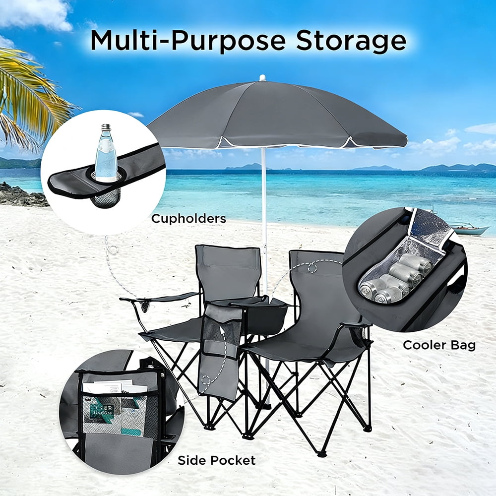COWIN Outdoor Foldable Picnic Double Chair ,Camping Chairs with Umbrella Camping Double Portable Chairs Folding Beach Chair with Insulation Bag,Backpacking Blue