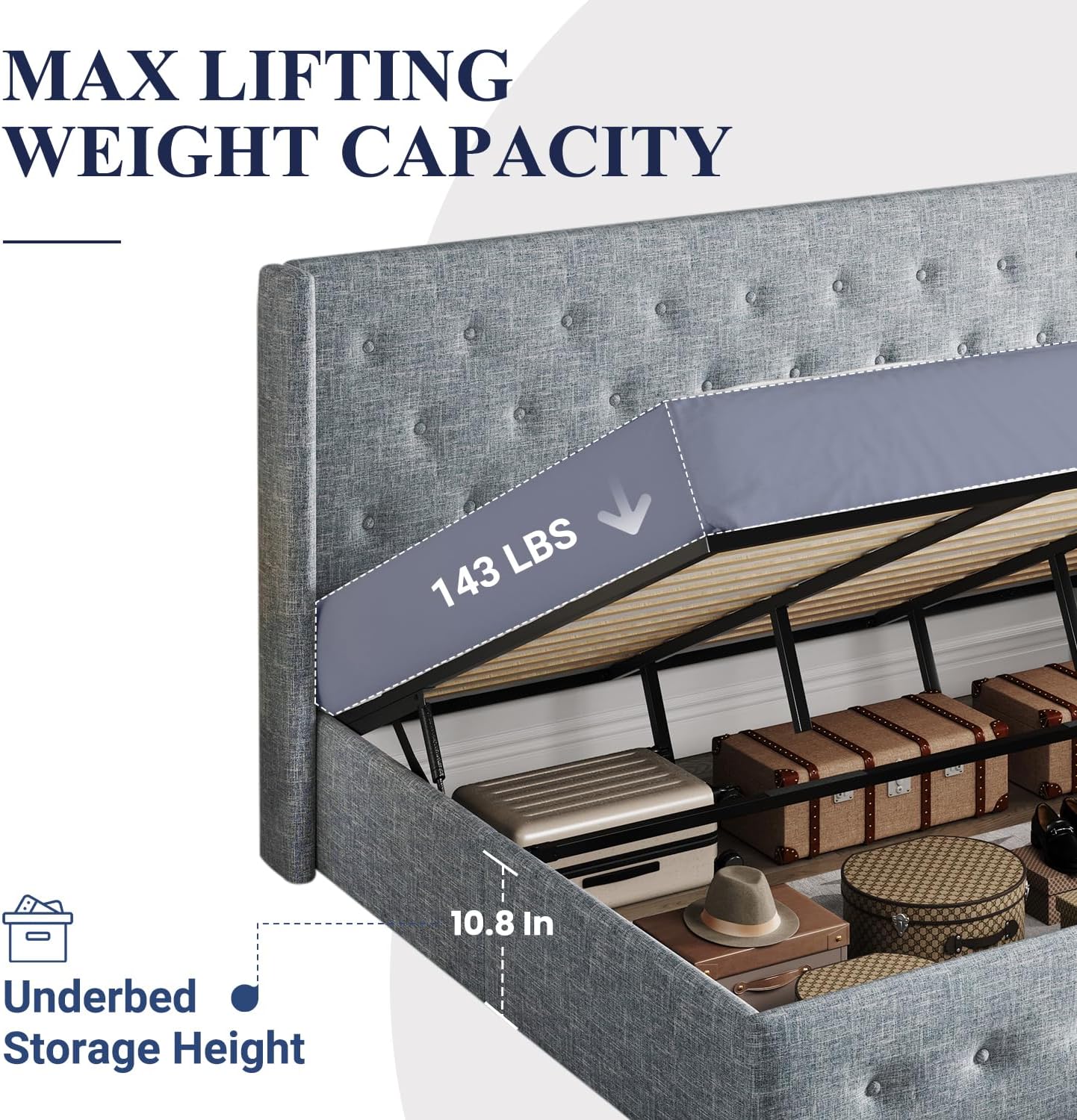 Allewie Queen Size Lift Up Storage Bed Modern Wingback Headboard Hydraulic Support