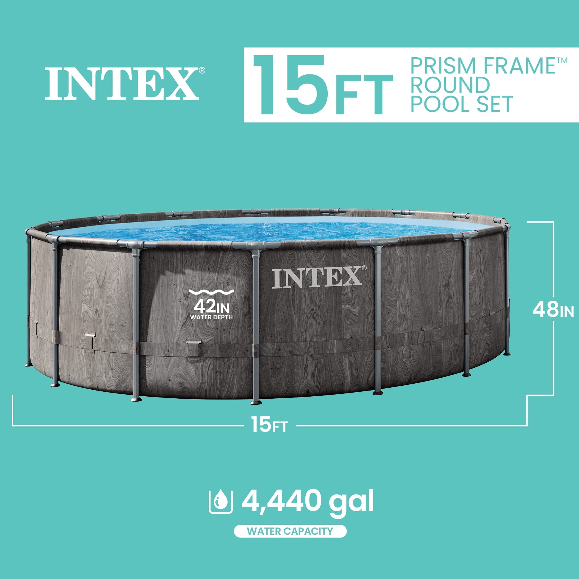 INTEX Round Prism Frame 15ft x 48in Above Ground Swimming Pool Set w/ Pump
