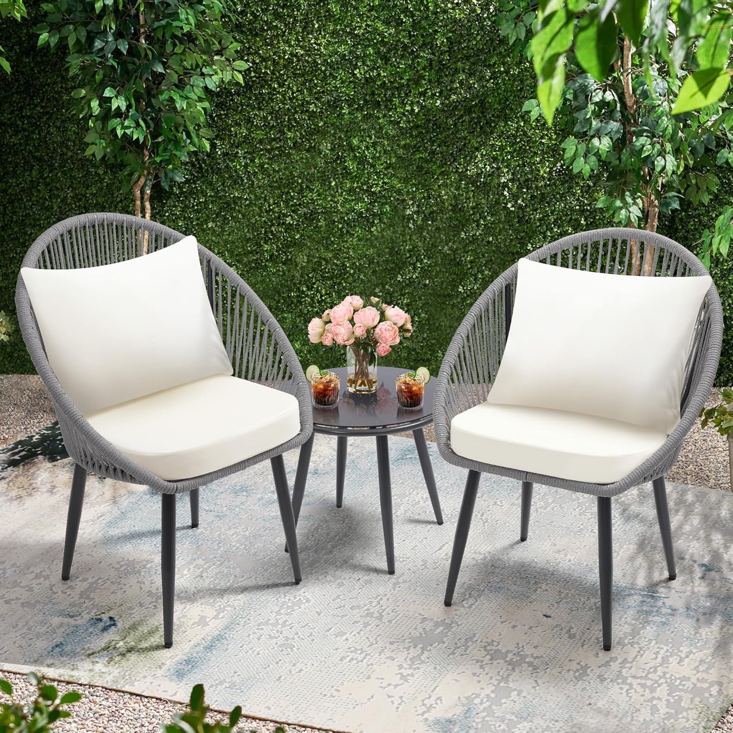 3 Piece Bistro Set Woven Rope Chair with Cushions All Weather Patio Conversation Set Side Table
