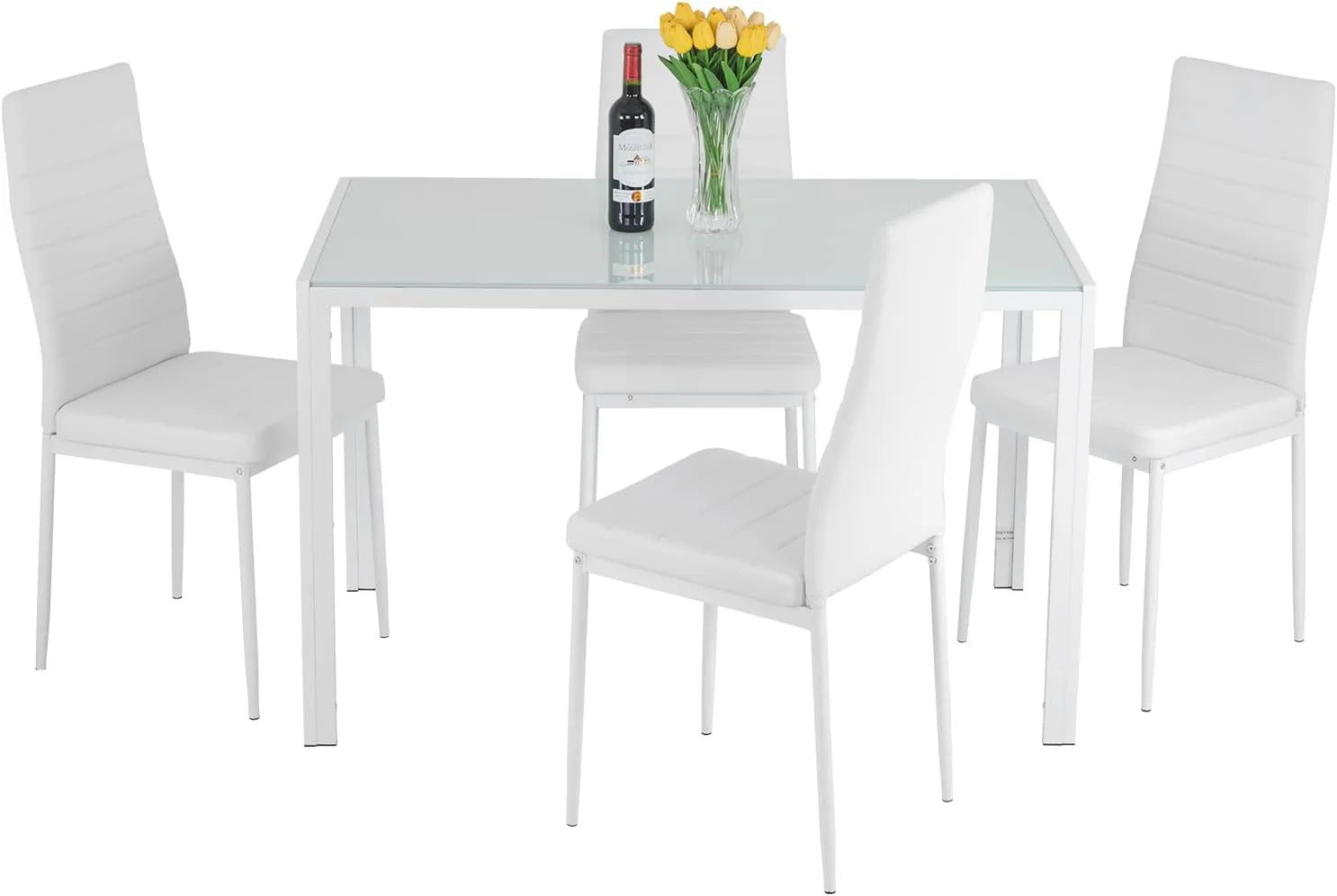 FDW Dining Table Set for 4 Glass Black Dining Table Kitchen Table with 4 Upholstered Chairs