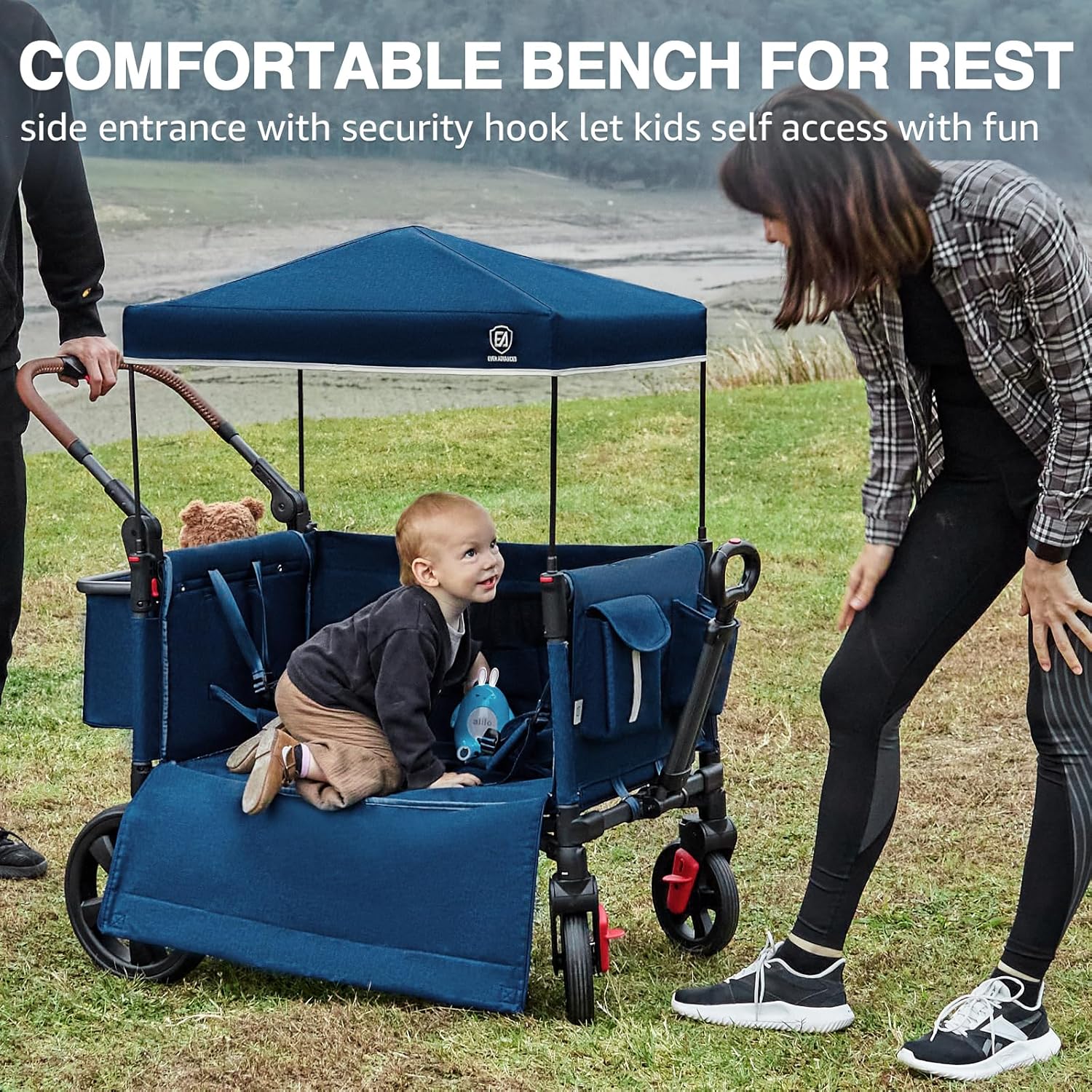 EVER ADVANCED Side-unzip Wagon Stroller for 2 Kids Push Pull Stroller with Adjustable Handle