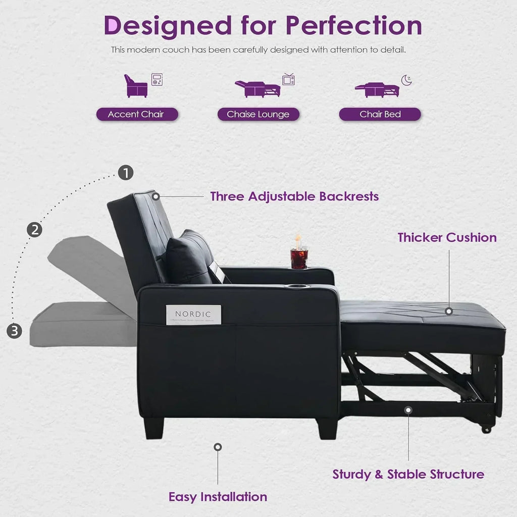 Adult Convertible Sleeper Chair Bed 3-in-1 Pull-Out Sofa Bed with USB/Type-C Ports Cup Holders