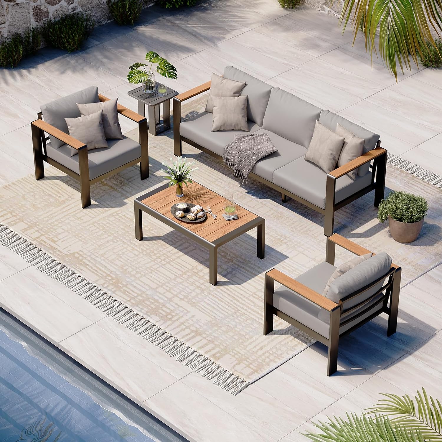 Aluminum Outdoor Patio Furniture Set with Coffee Table, 5 Piece Patio Conversation Sets, Outdoor Sectional Furniture for Porch, Balcony, Yard, Gray