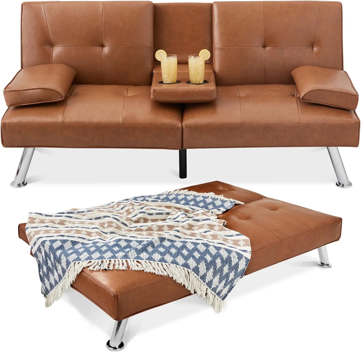 Best Choice Products Faux Leather Upholstered Modern Convertible Futon, Adjustable Folding Sofa Bed