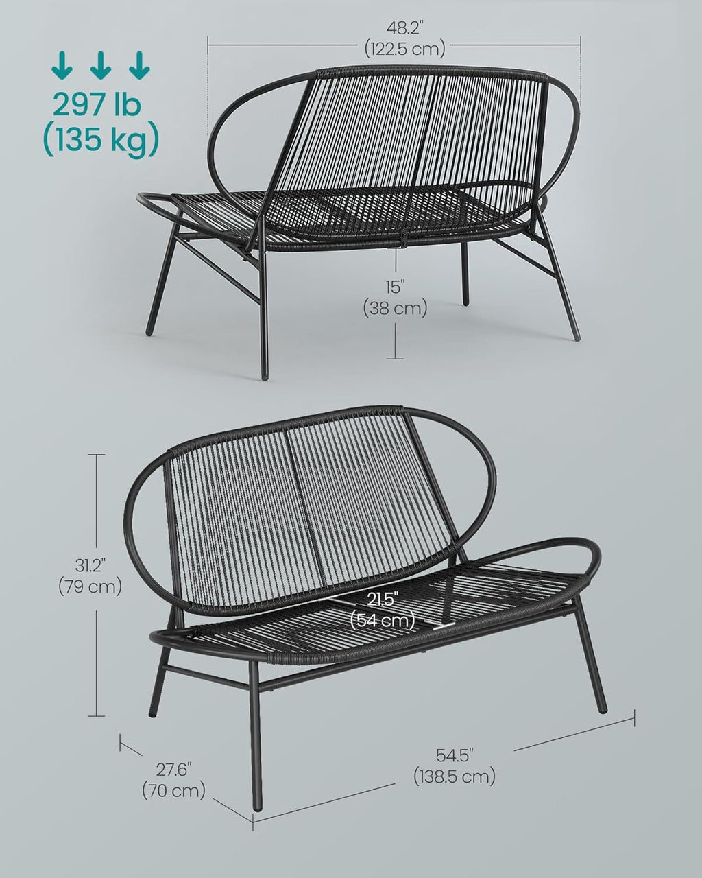 Outdoor Settee 2-Seat Garden Furniture with Backrest PE Rattan