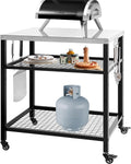 Stainless Steel Outdoor Grill Cart Pizza Oven Stand Trolley Table with Wheels Three-Shelf Movable Food Prep and Work Table Heavy Duty Grill Carts Outdoor Cart 31.5×24×35.5