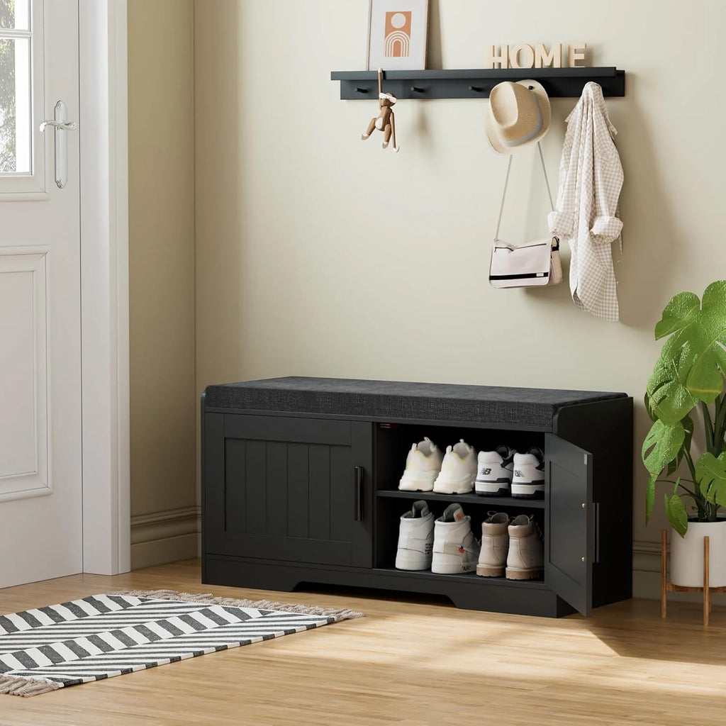 2-Tier Storage Bench, Shoe Bench with Thickened Padded Seat Cushion, Entryway Bench with 4 Doors, Adjustable Shelf, 13.8 D x 45.3 W x 18.5 H, for Entryway, Living Room, Bedroom, White