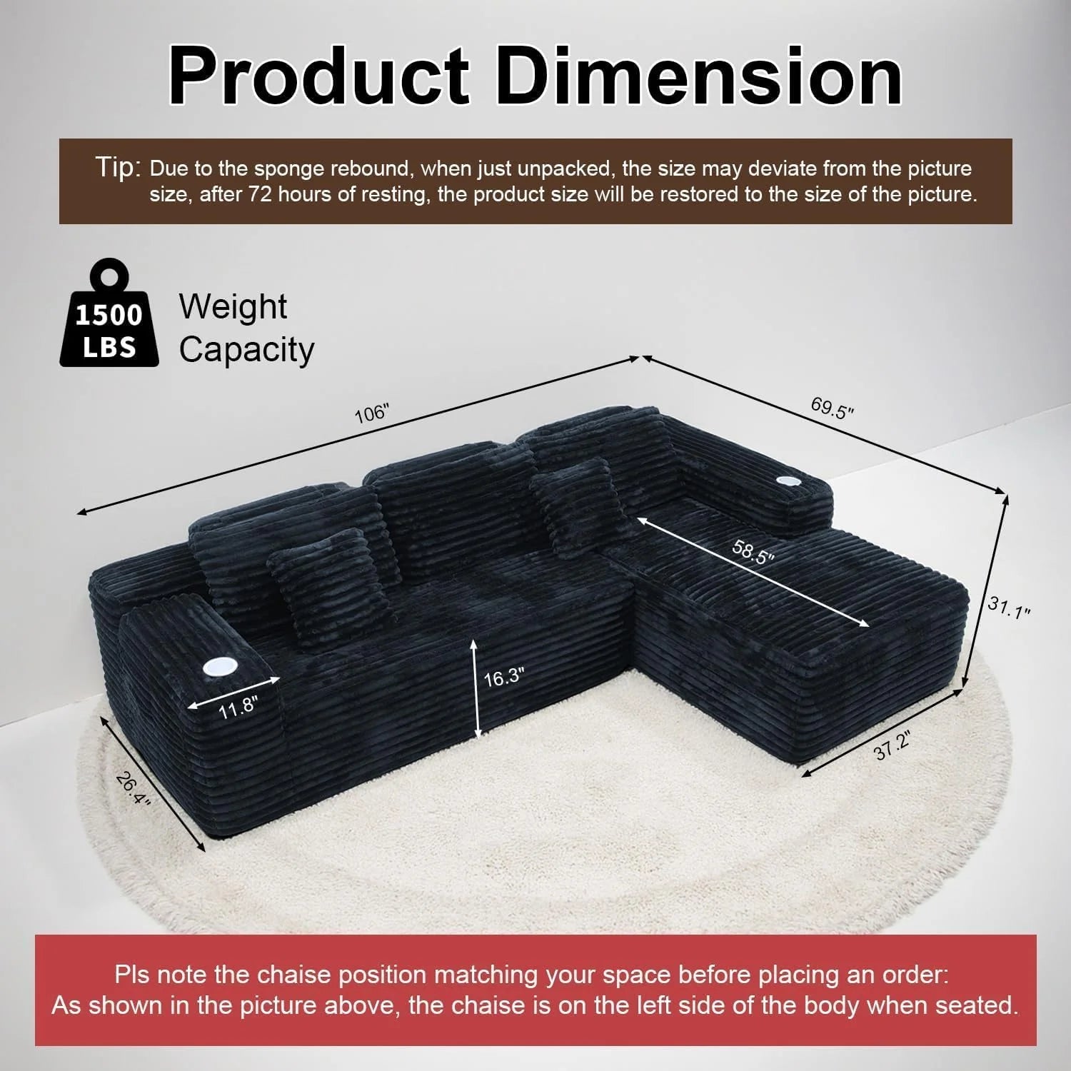Cloud Sectional Couch with L-Shape Chaise, Modern Modular Sofa with Deep Seat, Built-in Cup Holder & Storage Pocket for Living Room Bedroom, No Assembly Required (Dark Gray, Left Sitting Chaise)
