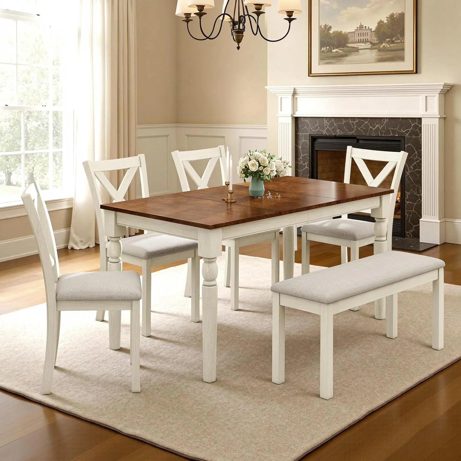 LUXOAK 6-Piece Solid Wood Dining Table Set 60'' Farmhouse Wood Kitchen Chairs Set