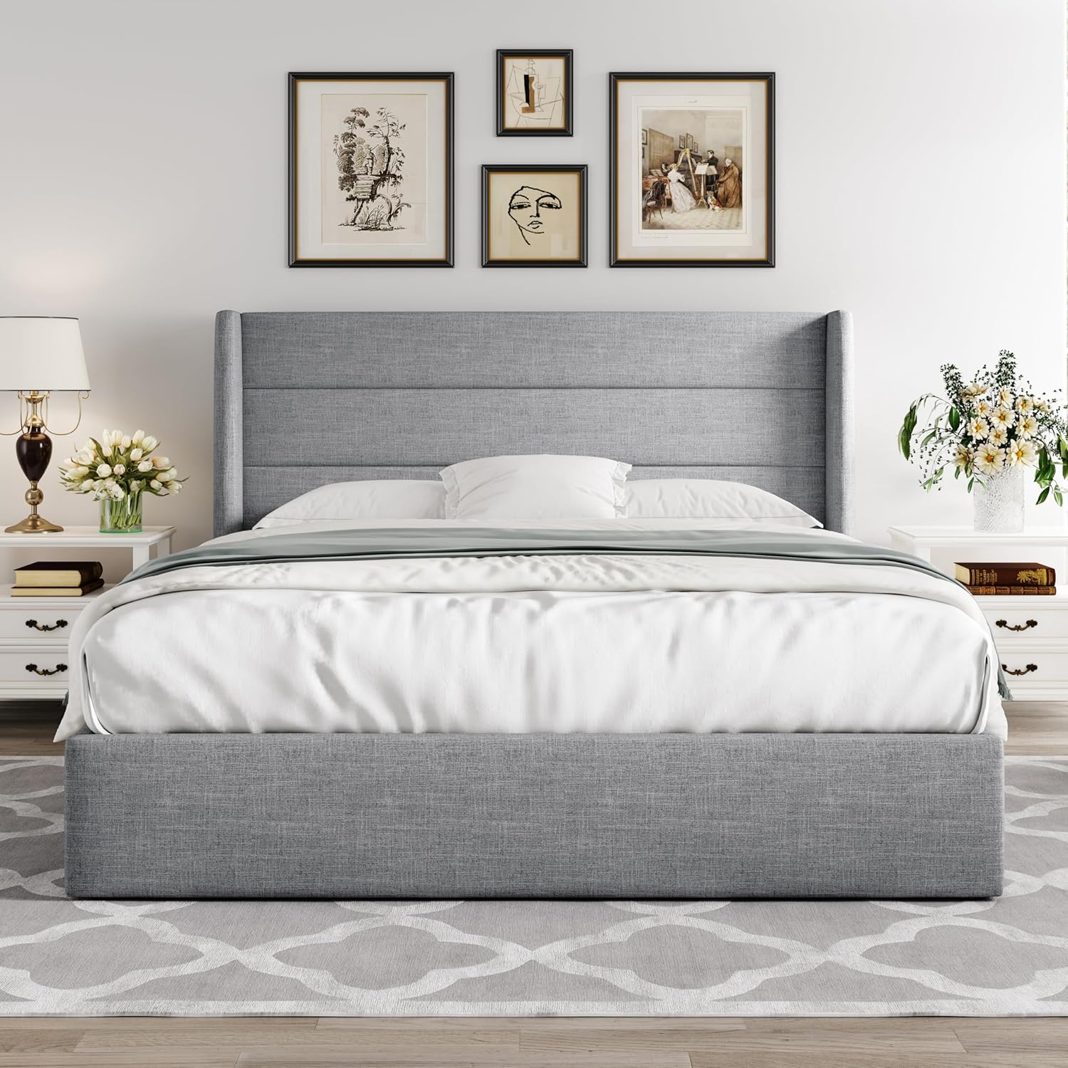 Allewie Queen Size Lift Up Storage Bed Modern Wingback Headboard Hydraulic Support