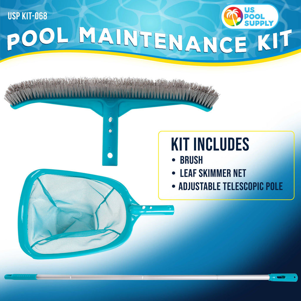 U.S. Pool Supply Pool Maintenance Kit with Leaf Skimmer Net, Brush, and Adjustable Telescopic Pole - 6 Deep Mesh Netting, Nylon Scrub Brush, Clean Sweep Debris from Walls, Floors, Steps, Spas, Ponds