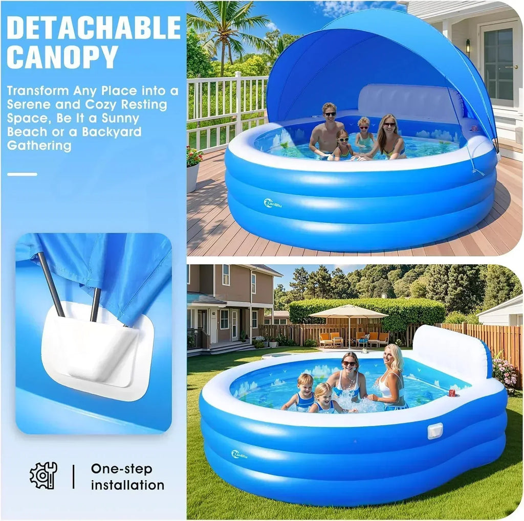 2025 Upgraded Inflatable Pool with Canopy Inflatable Family Lounge Pool Round Blow Up Pool