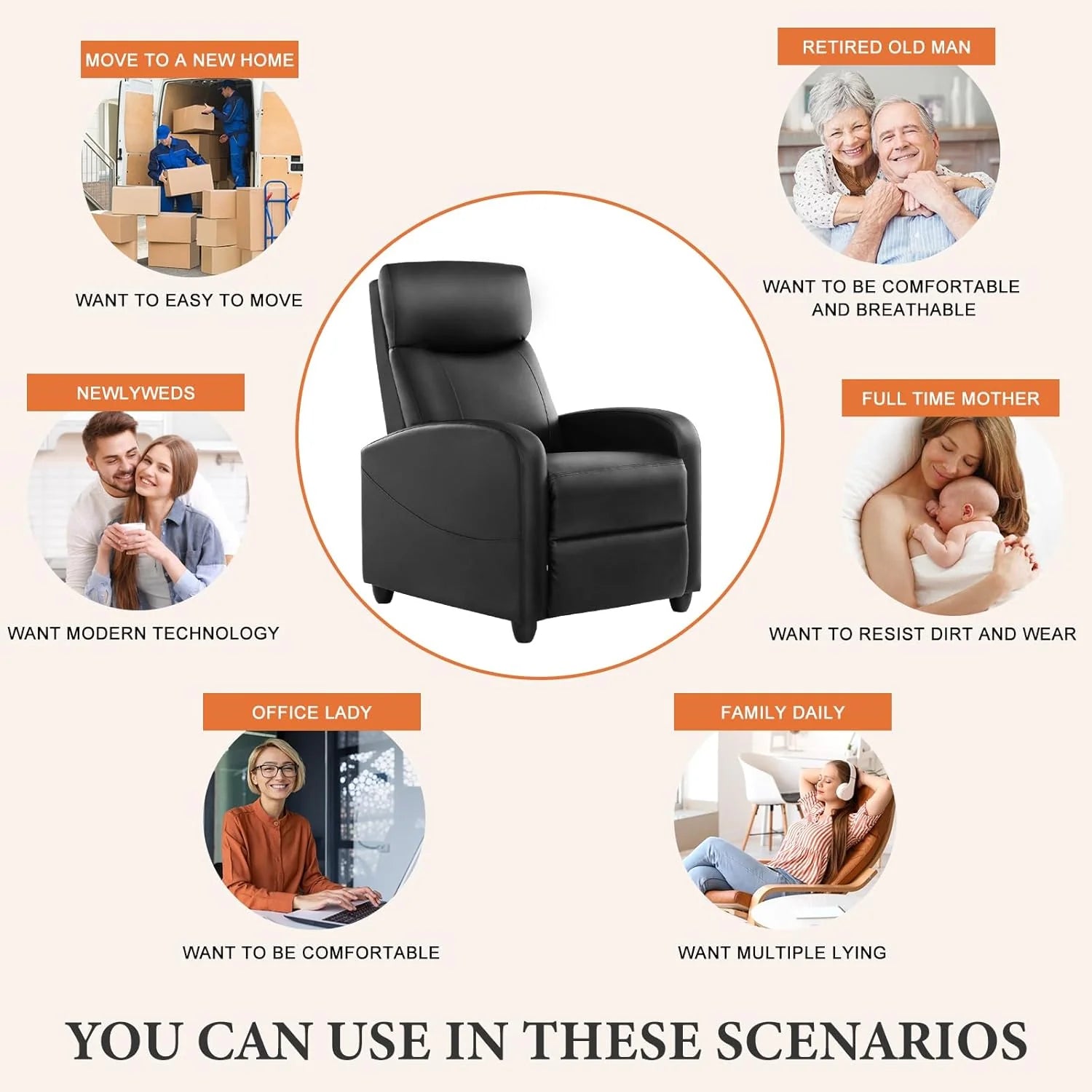 Sweetcrispy Massage Recliner Chair for Adults, Adjustable Home Theater Seating with Lumbar Support for Living Room, Modern Fabric Reclining, Pure Black