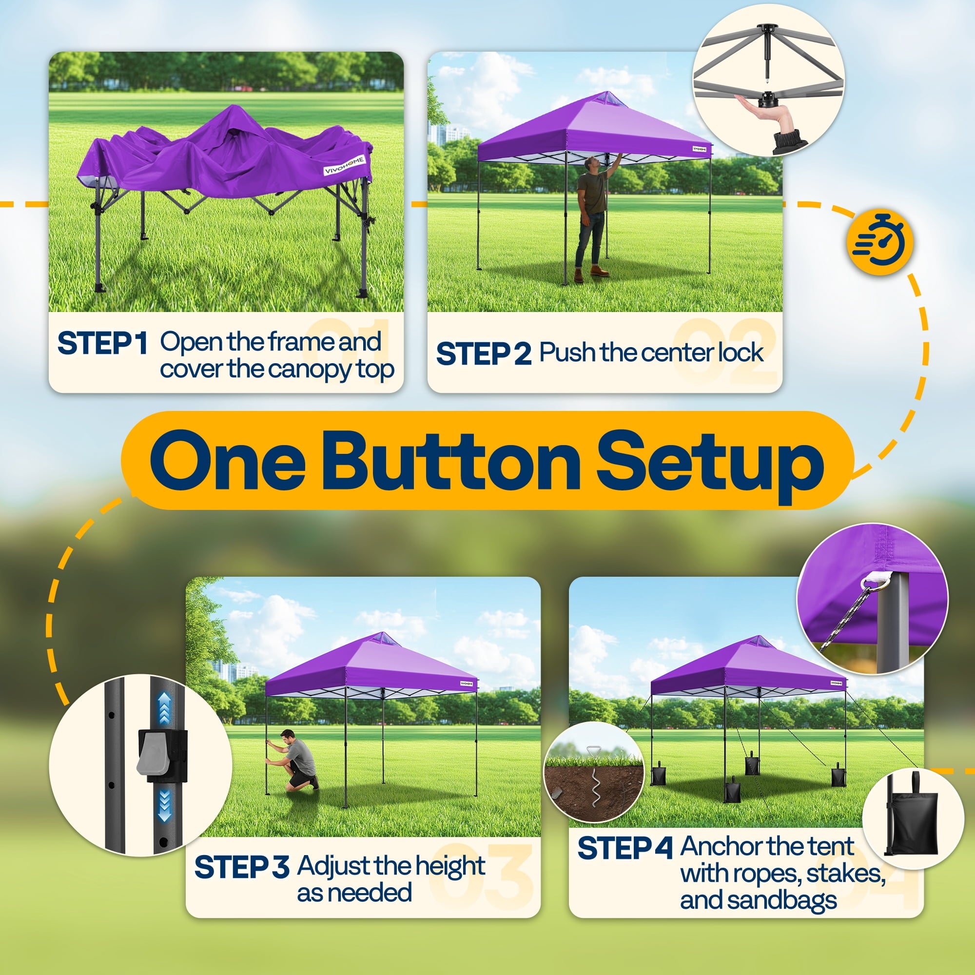 SPECSTAR 8x8ft Pop-up Canopy Tent One Push Setup Instant Tent with Center Lock, Wheel Carry Bag and 4 Sandbags for Events Parties, Purple