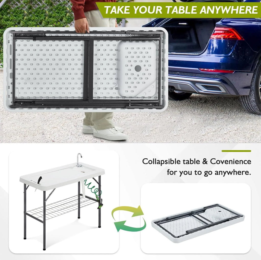 Folding Fish Cleaning Table Portable Camping Sink Table with Faucet Drain Hose and Sprayer Outdoor Fish Fillet Cleaning Station