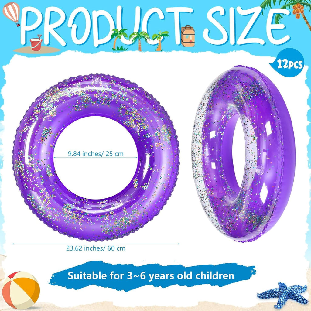 12 Pcs Summer Swim Rings with Glitter Fun Inflatable Pool Float Round Shaped Swimming Pool Tubes for Beach Party Supplies(Blue,23.6 l X 23.6 w)