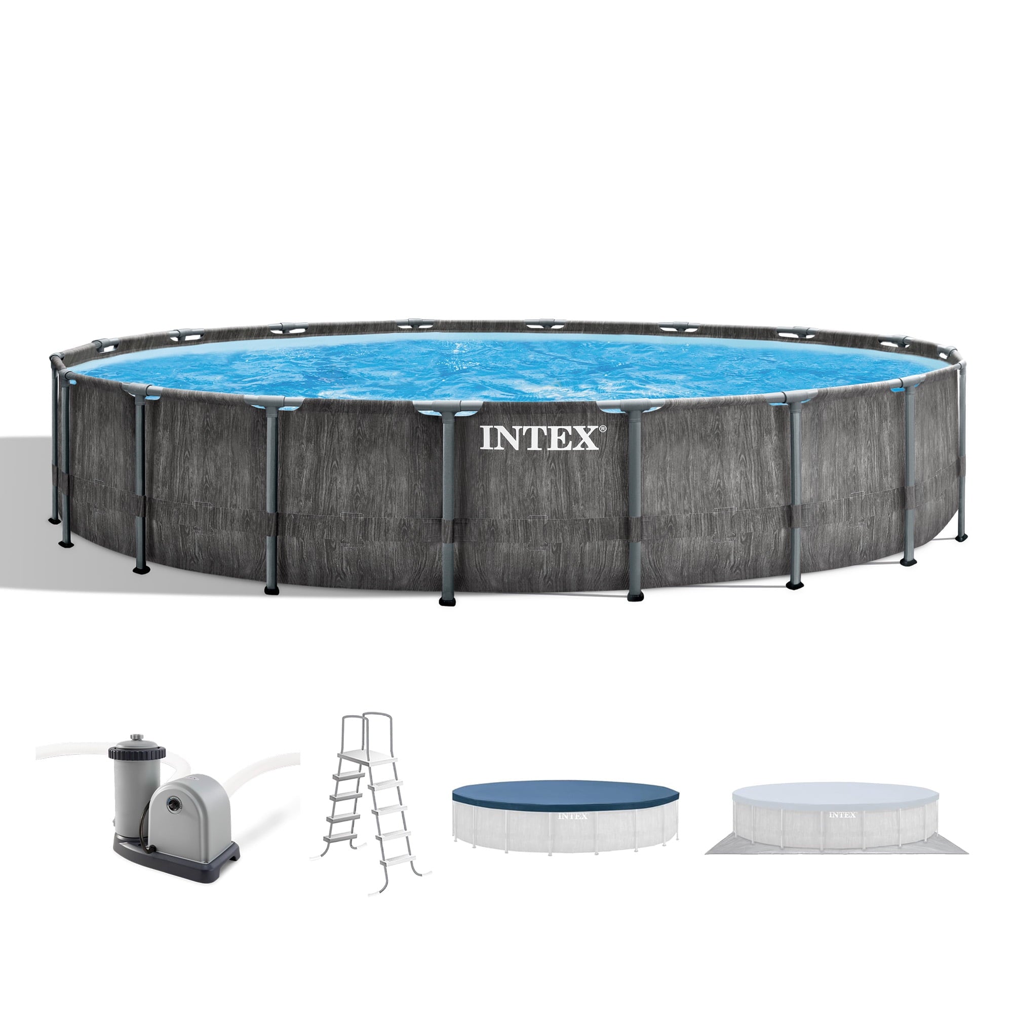 INTEX Round Prism Frame 15ft x 48in Above Ground Swimming Pool Set w/ Pump