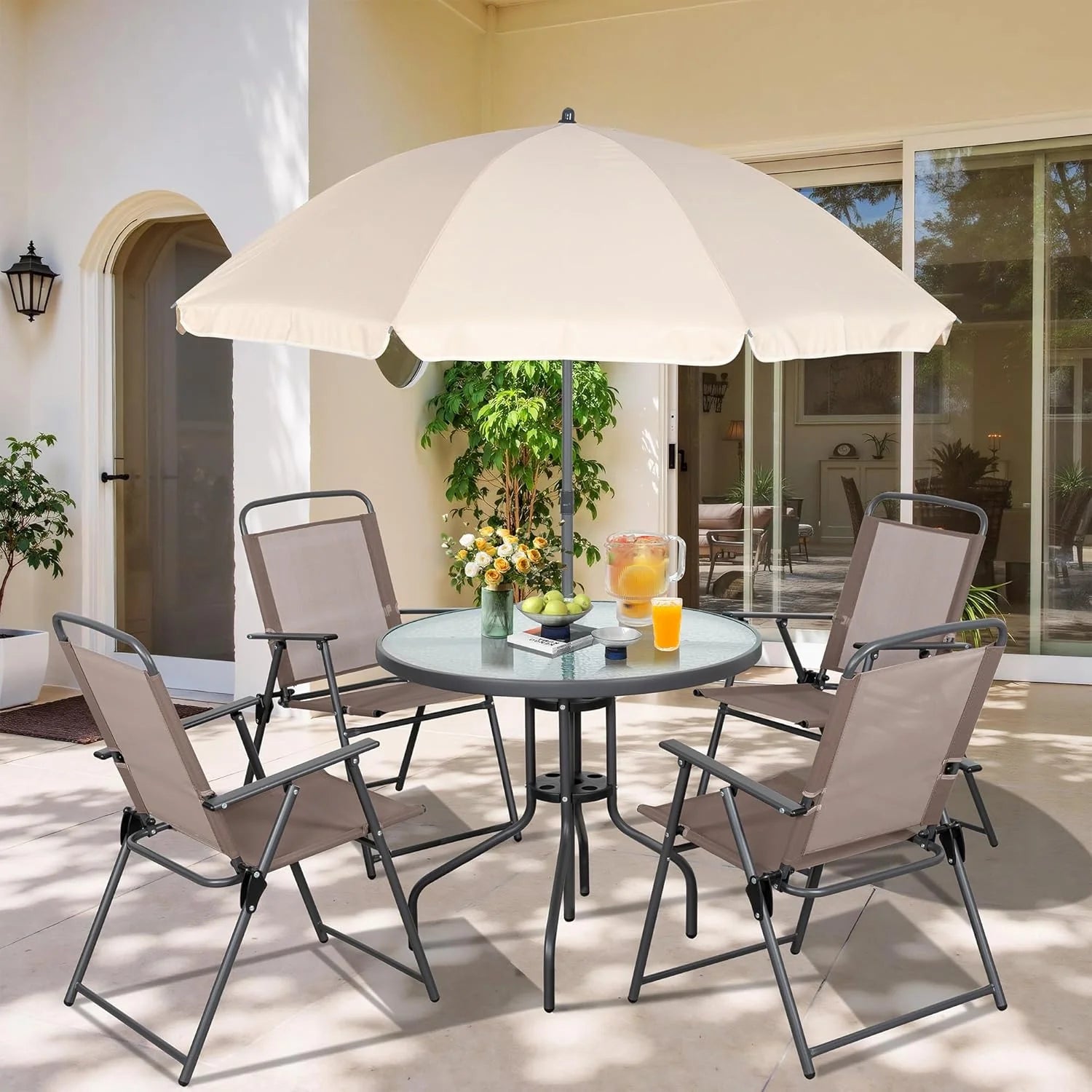 Vongrasig 6 Piece Folding Patio Dining Set,Small Metal Outdoor Garden Patio Table and Chair Set w/Umbrella for Lawn,Deck,Backyard,Black