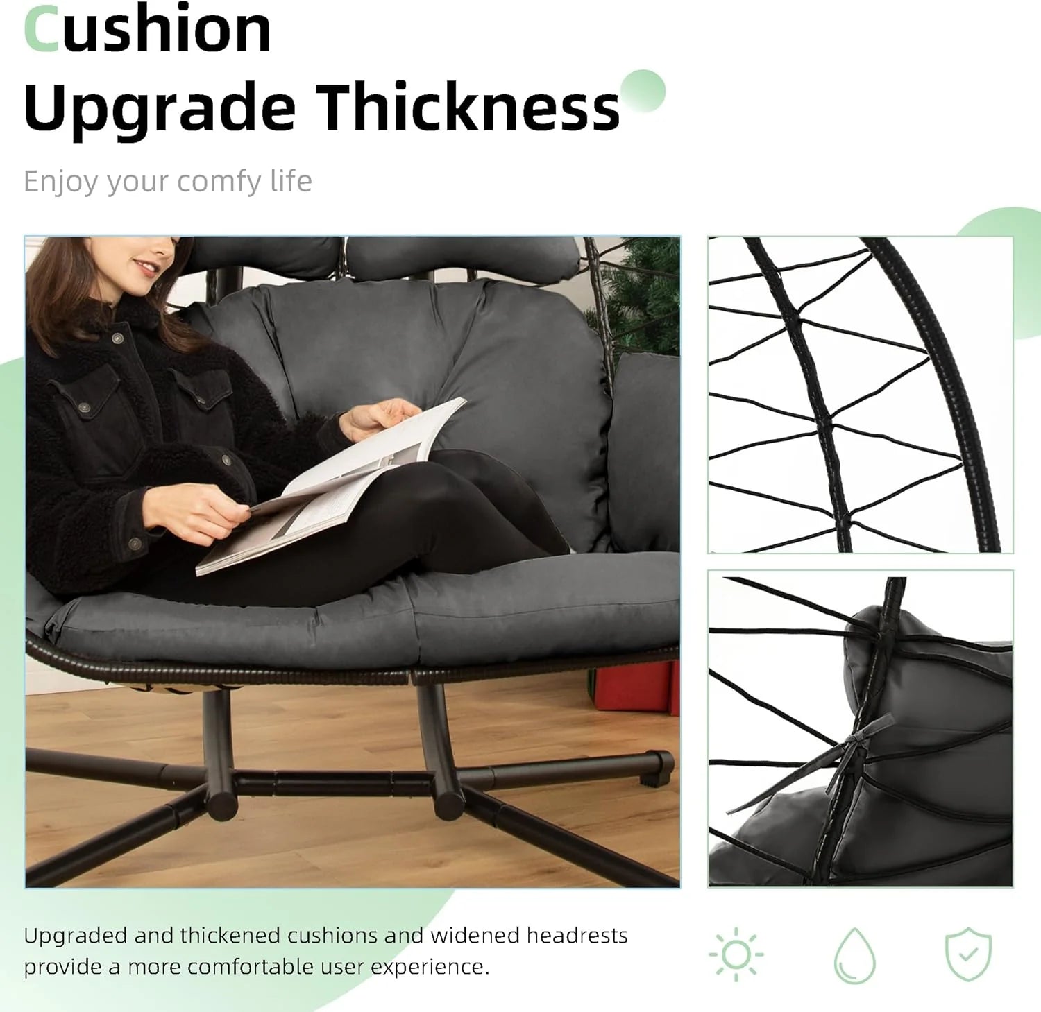 Double Egg Chair Hammock Swing Chair Foldable Hanging Loveseat UV Resistant Cushions
