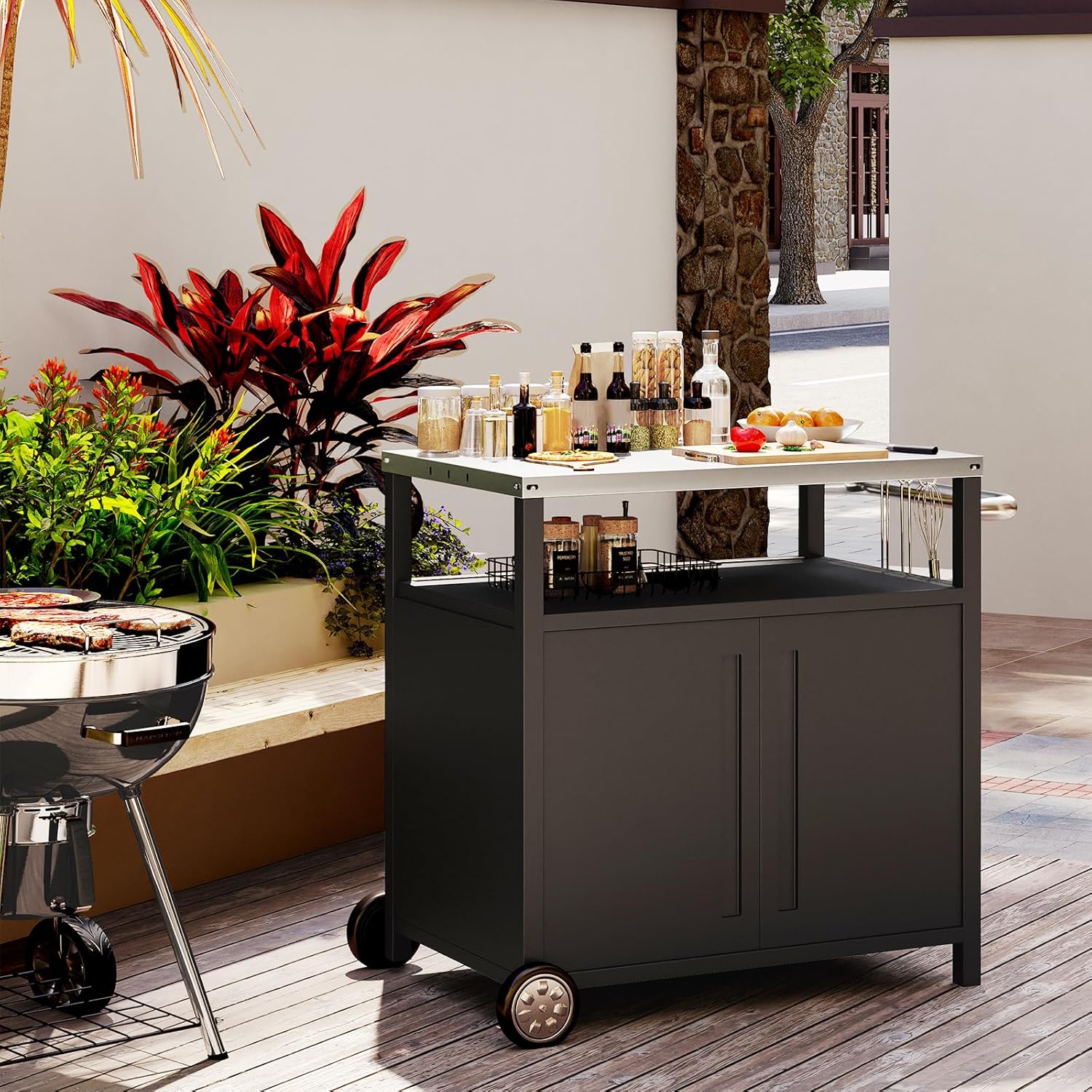 Stainless Steel Outdoor Grill Cart Pizza Oven Stand Trolley Table with Wheels Three-Shelf Movable Food Prep and Work Table Heavy Duty Grill Carts Outdoor Cart 31.5×24×35.5