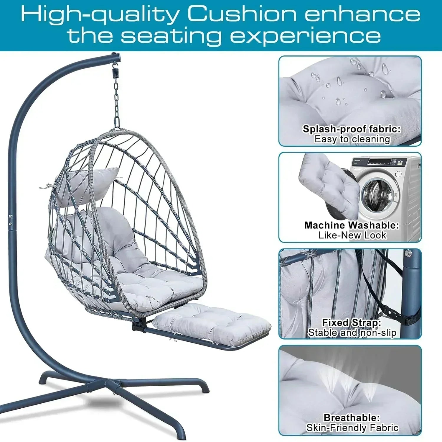 Hanging Egg Chair with Stand and Leg Rest Rattan Wicker Swing Hammock Chair UV-Resistant Cushion