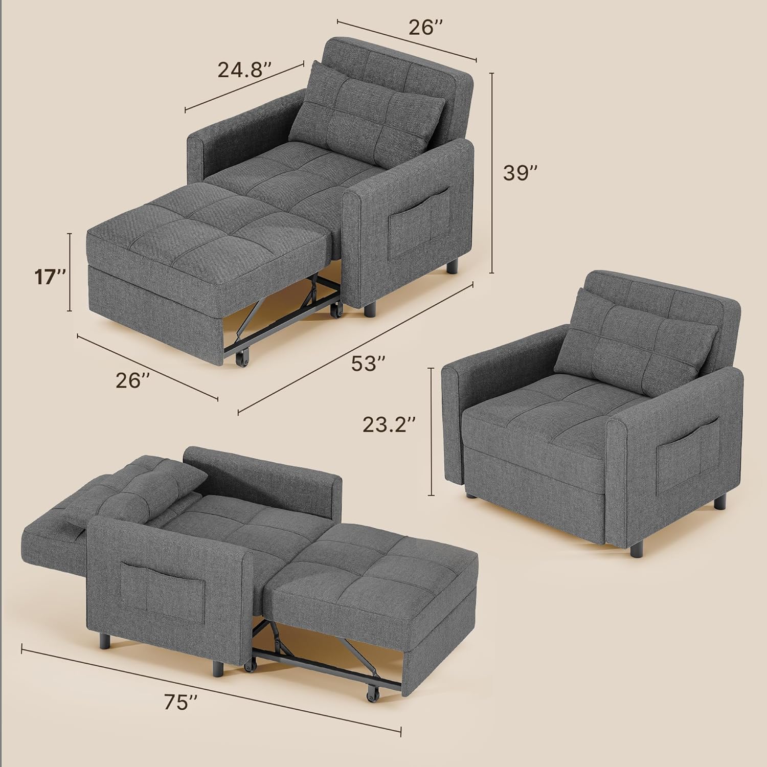 Sofa Bed Chair 3 in 1 Convertible Pullout Single Sleeper Chair Bed Spacious Multifunctional Sofa