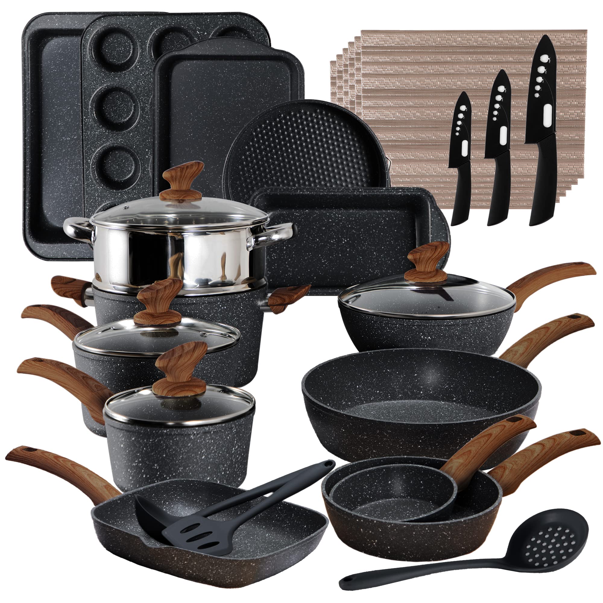 Cookware Set-17 Piece Non-stick Cooking Pan Set Black Granite Pots and Pans Set