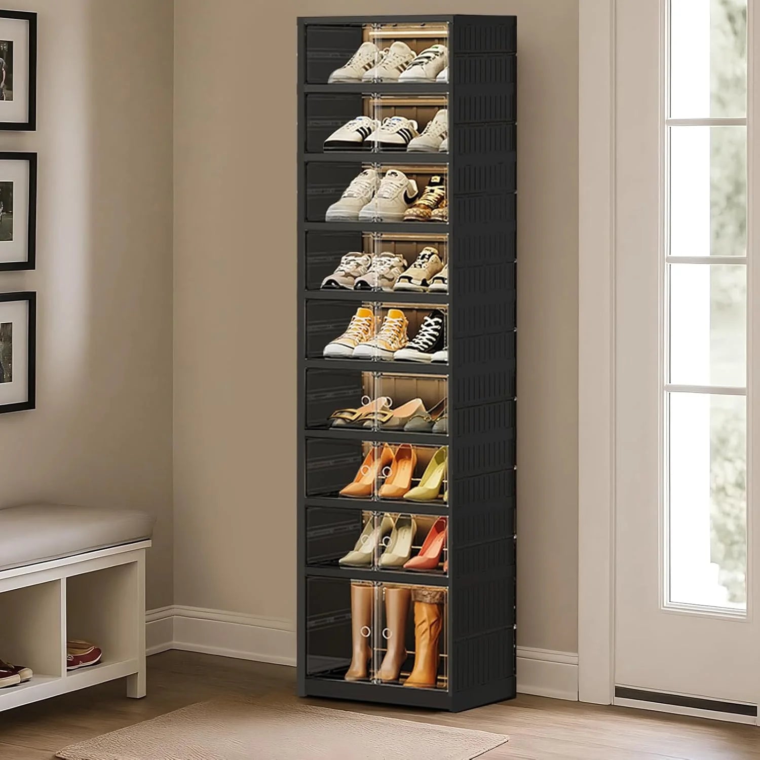 Collapsible Shoe Rack Organizer 9 Tiers-36 Pairs Foldable Shoe Cabinet with Doors