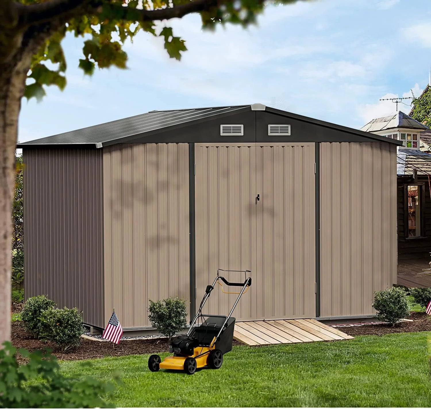 Aoxun 10 x 12 ft Outdoor Storage Shed with Double Hinged Door Utility Garden Shed