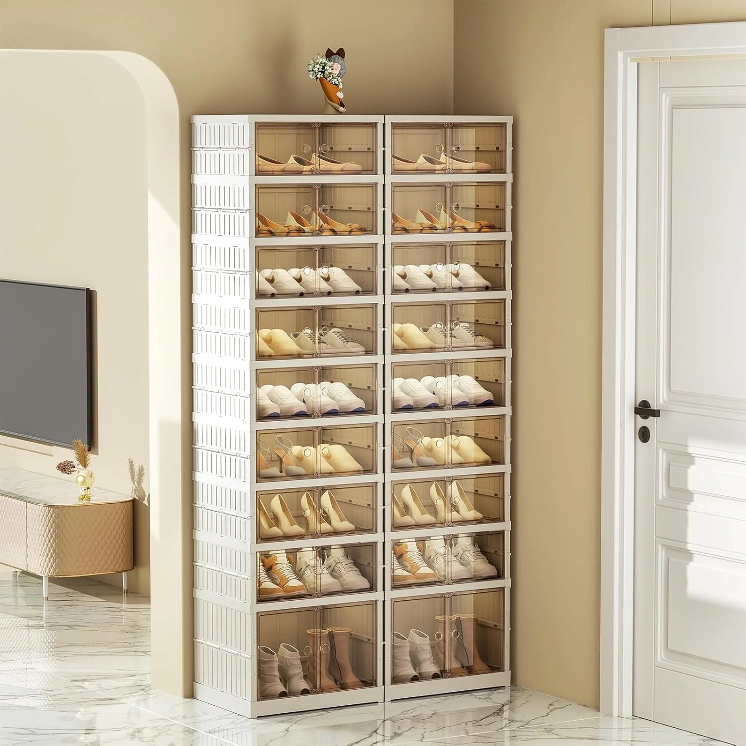 Collapsible Shoe Rack Organizer 9 Tiers-36 Pairs Foldable Shoe Cabinet with Doors