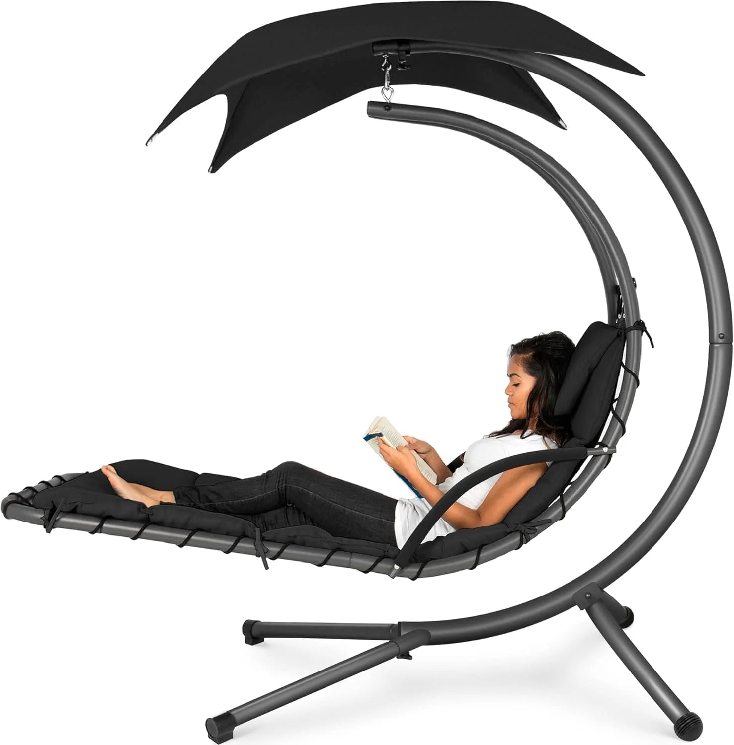 Best Choice Products Outdoor Hanging Curved Steel Chaise Lounge Chair Swing w/Built-in Pillow and Removable Canopy - Teal