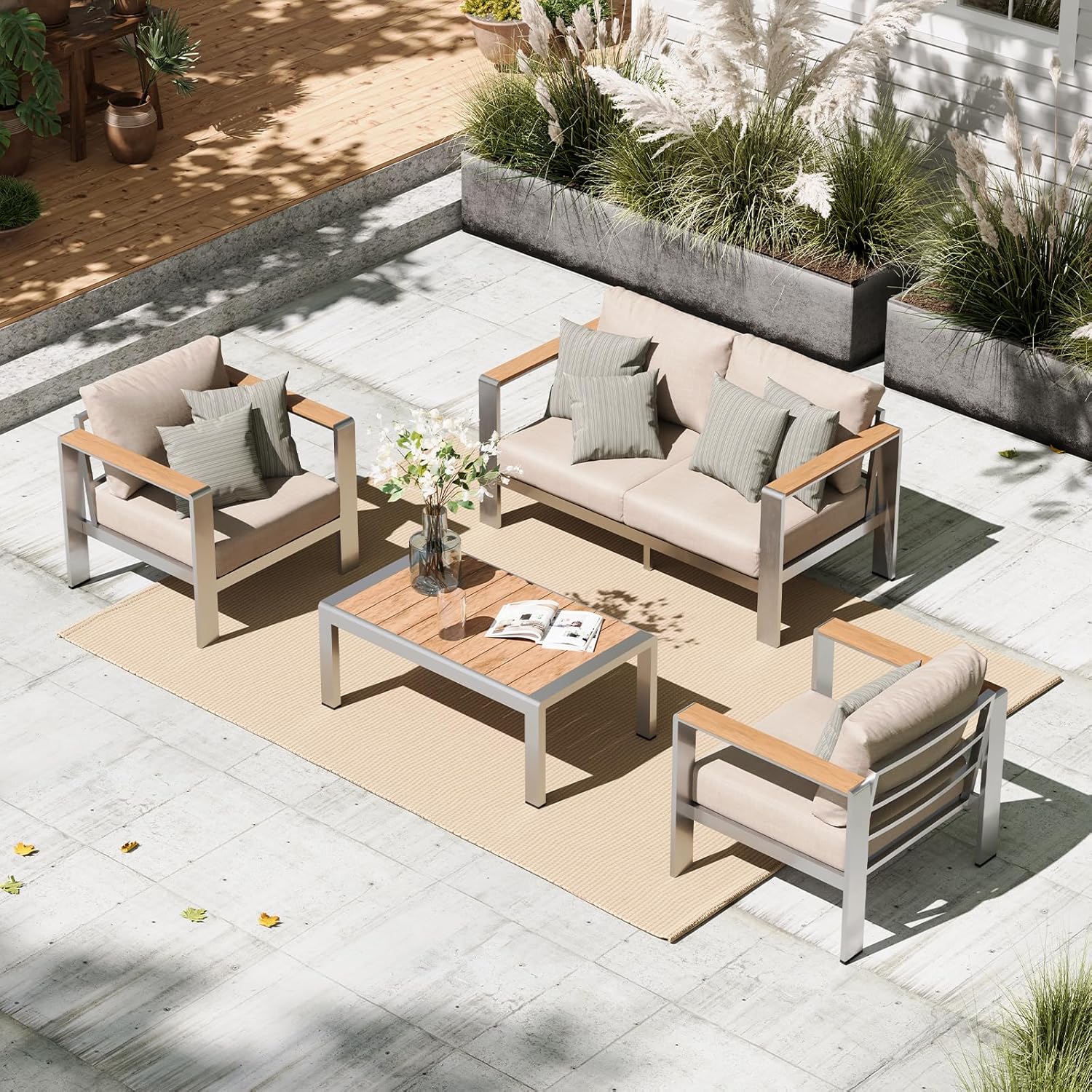Aluminum Outdoor Patio Furniture Set with Coffee Table, 5 Piece Patio Conversation Sets, Outdoor Sectional Furniture for Porch, Balcony, Yard, Gray