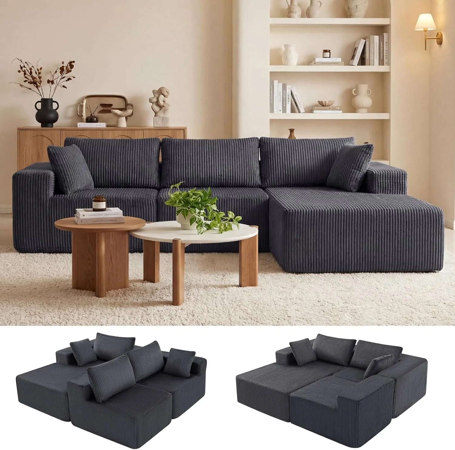 DUMOS 108 Boneless Couch, Cloud Sectional Couch with L-Shape Chaise, Modular Sectional Sofa with Deep Seat, Upholstered Couch for Living Room Bedroom, No Assembly Required (Grey, Left Facing Chaise)