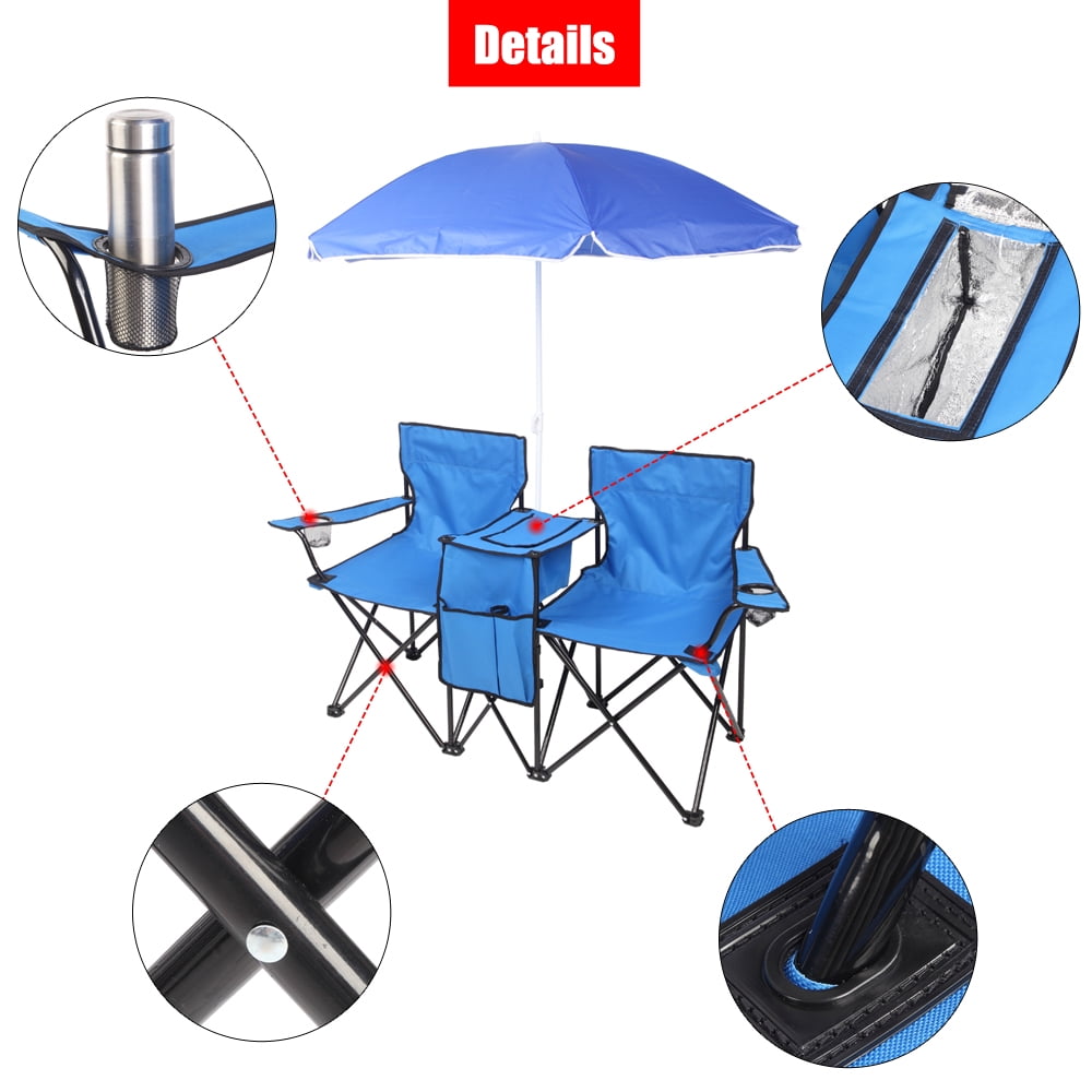 Ktaxon Camping Loveseat Chair, Folding Double Outdoor Chair with Removable Sun Umbrella & Carrying Bag, Double Chairs with Cooler Bag for Lawn Fishing Outdoor, Gray