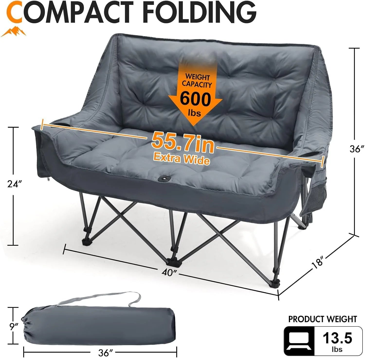 Double Camping Chair for Two Adults Folding Padded Loveseat with Cup Holders and Carry Bag 600 lbs
