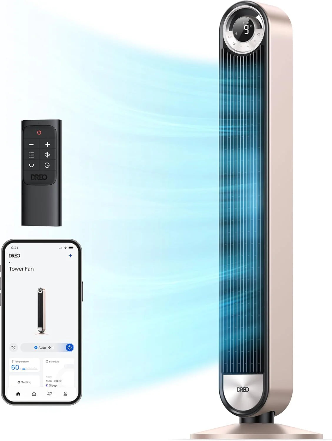 DREO Tower Fan for Bedroom, 90�� Oscillating Standing Fan with 28ft/s Velocity, 20dB Quiet for Sleep, DC Motor, 9 Speeds, 4 Modes, 12H Timer, Voice & APP & Remote Control, 42 Cruiser Pro T2 S