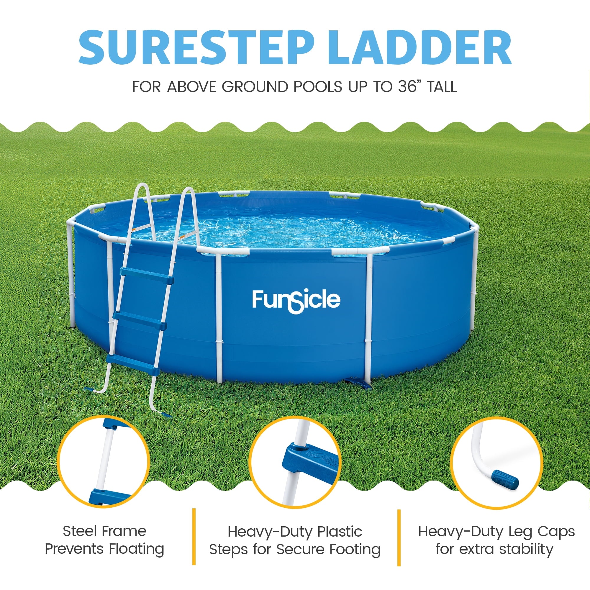 Funsicle 36 Inch SureStep 3 Stair Outdoor Above-Ground Swimming Pool Ladder, Blue & White