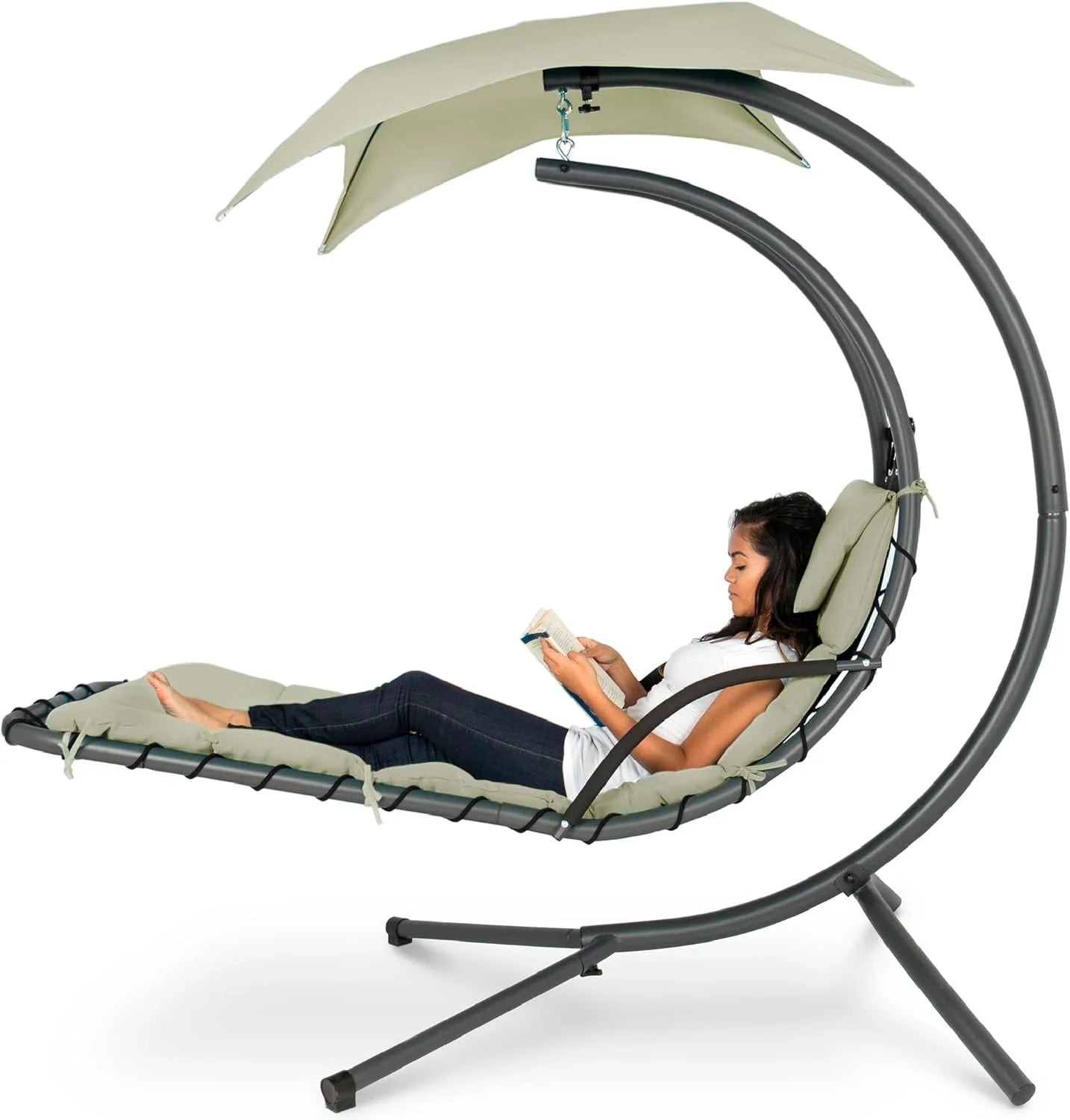 Best Choice Products Outdoor Hanging Curved Steel Chaise Lounge Chair Swing w/Built-in Pillow and Removable Canopy - Teal