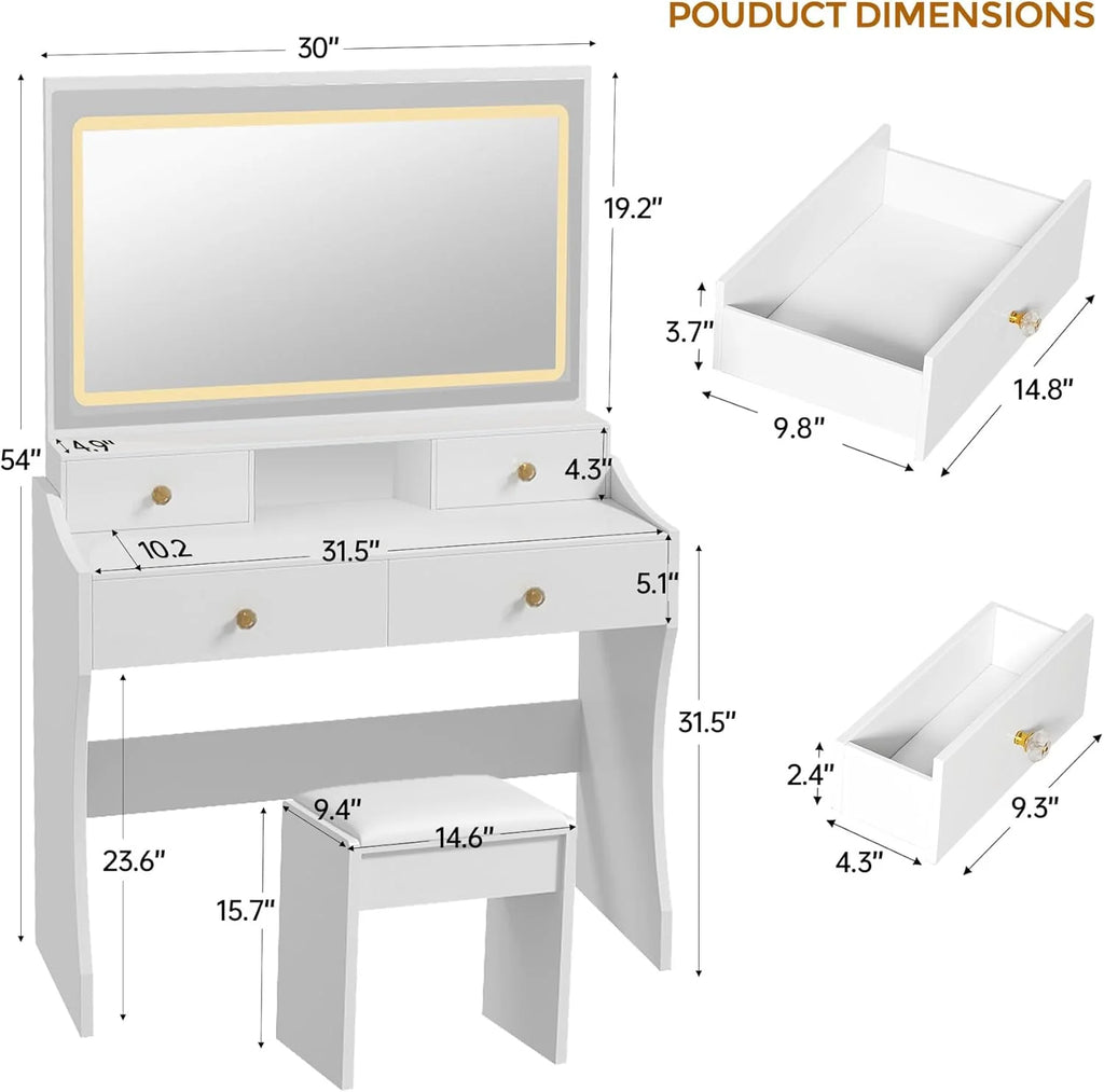 COMHOMA Makeup Vanity Desk with Mirror and Lights, Vanity Table and Chair Set