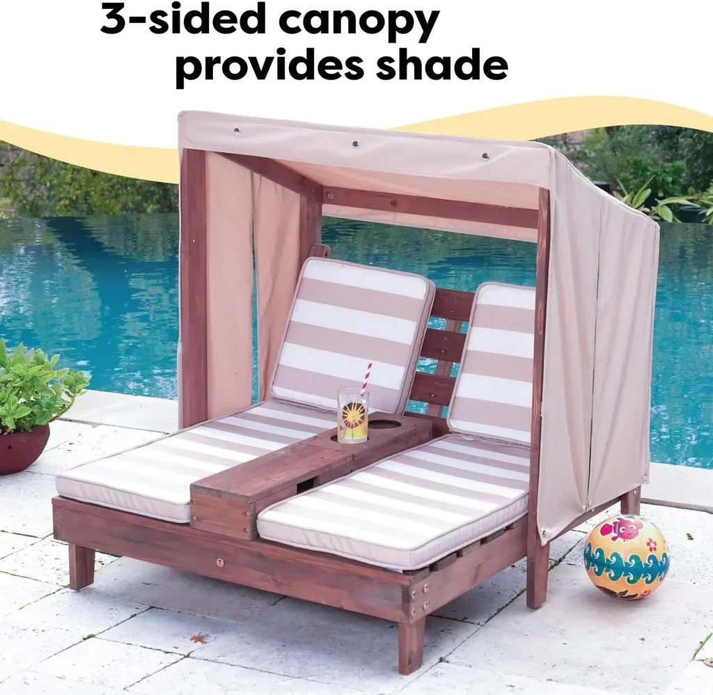 KidKraft Wooden Outdoor Double Chaise Lounge with Cup Holders Kids Patio Furniture Honey