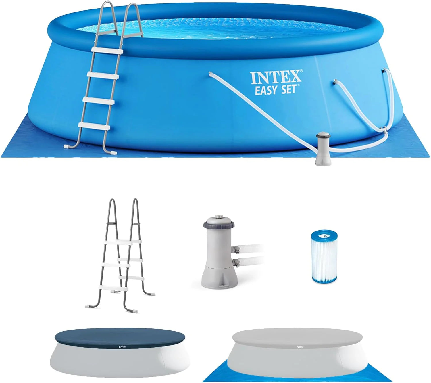 Intex 28167EH Easy Set Inflatable Swimming Pool Set: 15ft x 48in ?Includes 1000 GPH Cartridge Filter Pump ?Removable Ladder ?Pool Cover ?Ground