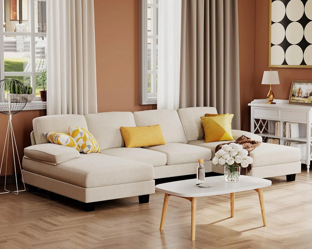 Furmax Sectional Couches for Living Room U-Shaped Sofa Couch Linen Fabric 4 Seat Sofa Set