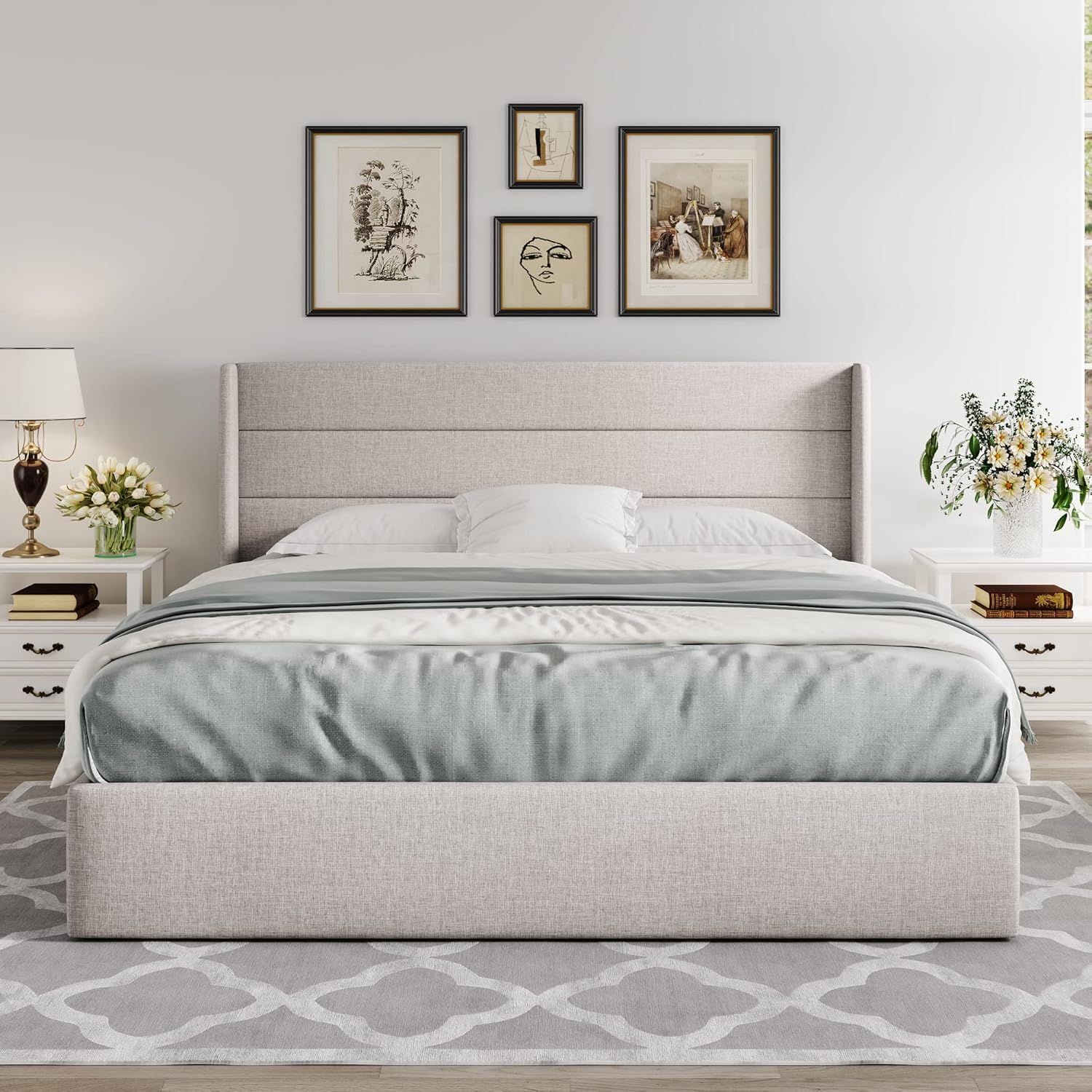 Allewie Queen Size Lift Up Storage Bed Modern Wingback Headboard Hydraulic Support