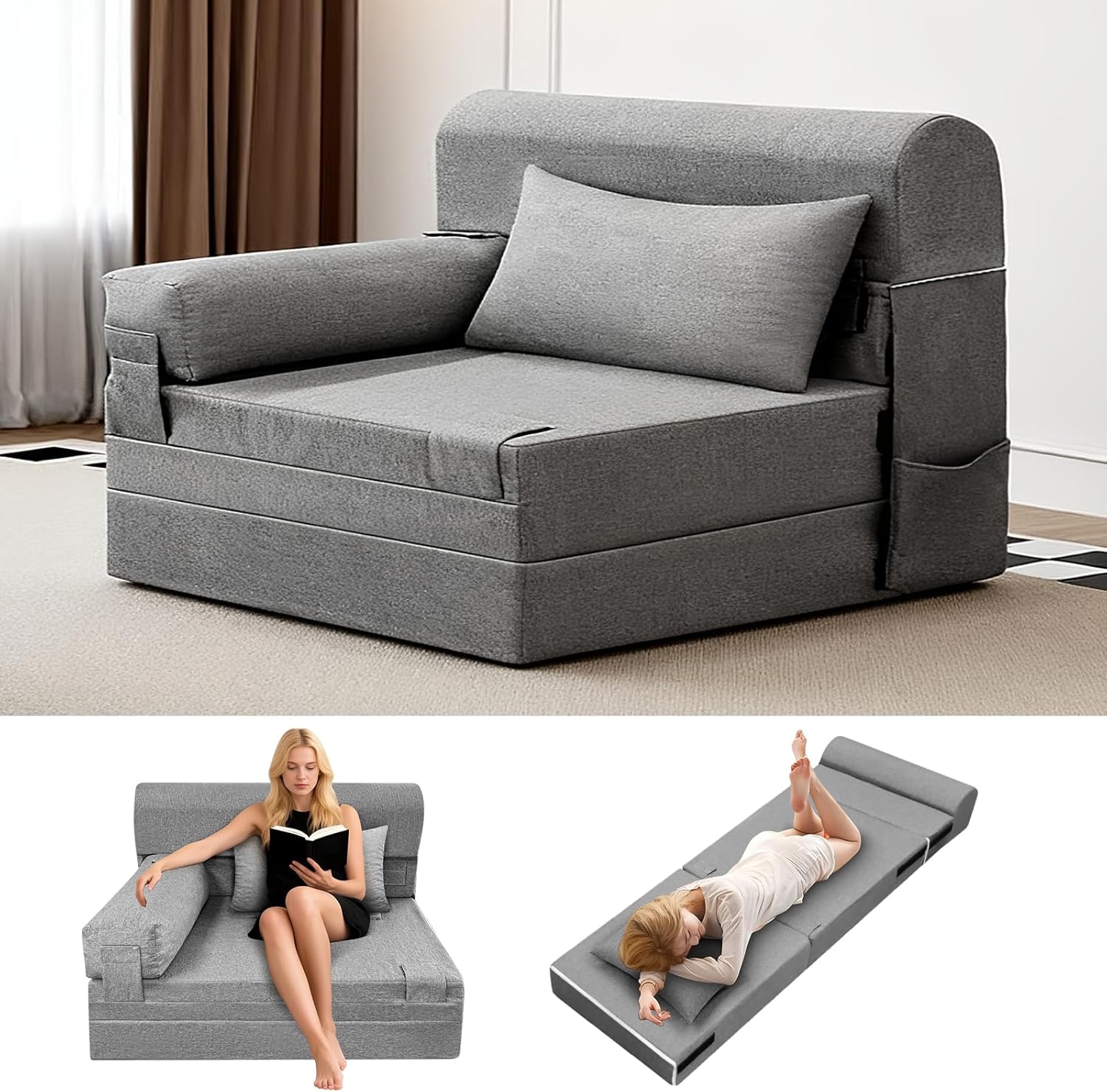 Folding Sofa Bed Convertible Sleeper Chair with Pillow Modern Linen Fabric Comfy Floor