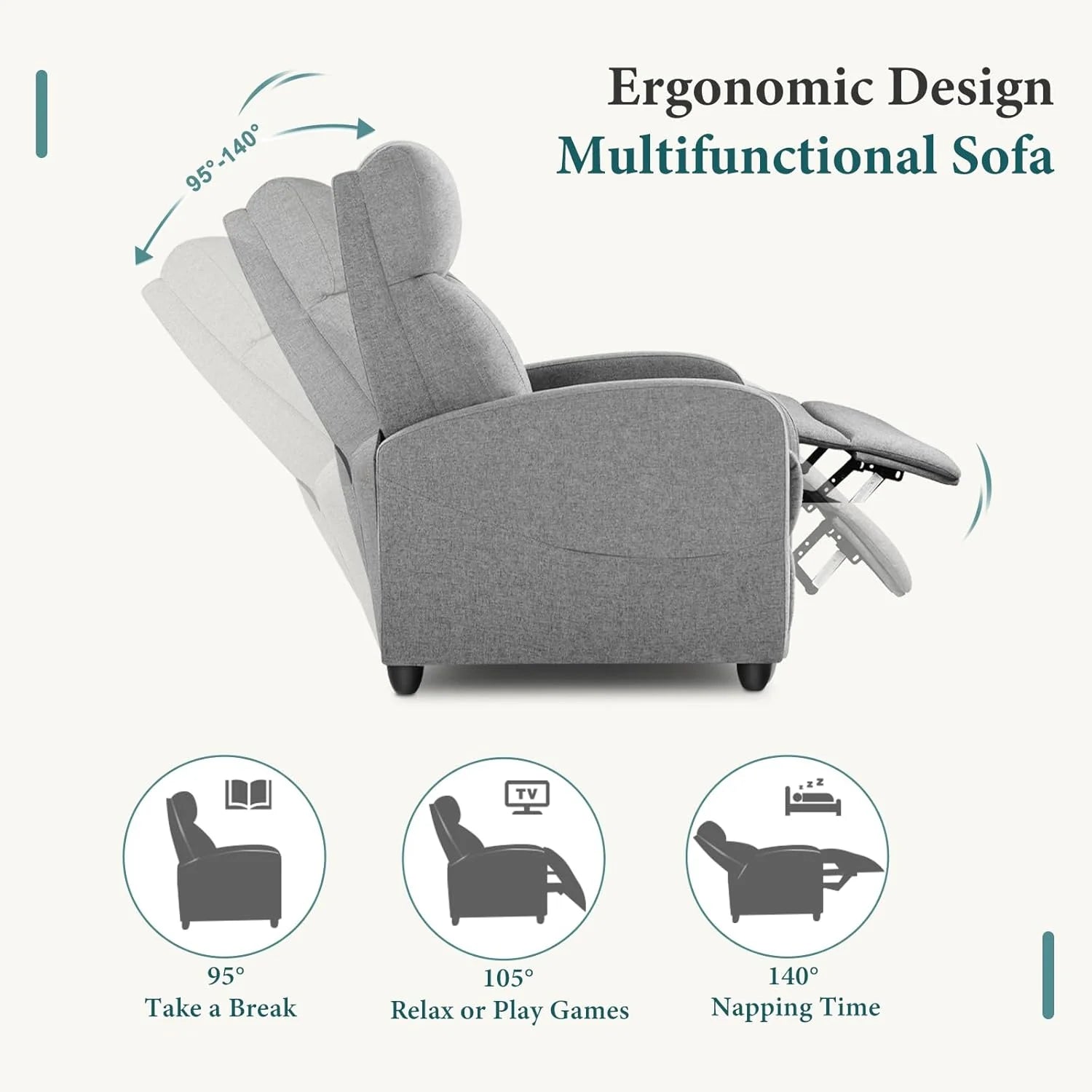 Swivel Rocking Recliner Chair with Extra Large Footrest High Back, Upholstered Glider Nursery Chair for Living Room, Bedroom & Nursery, Comfortable Deep Seat for Relaxation, Grey