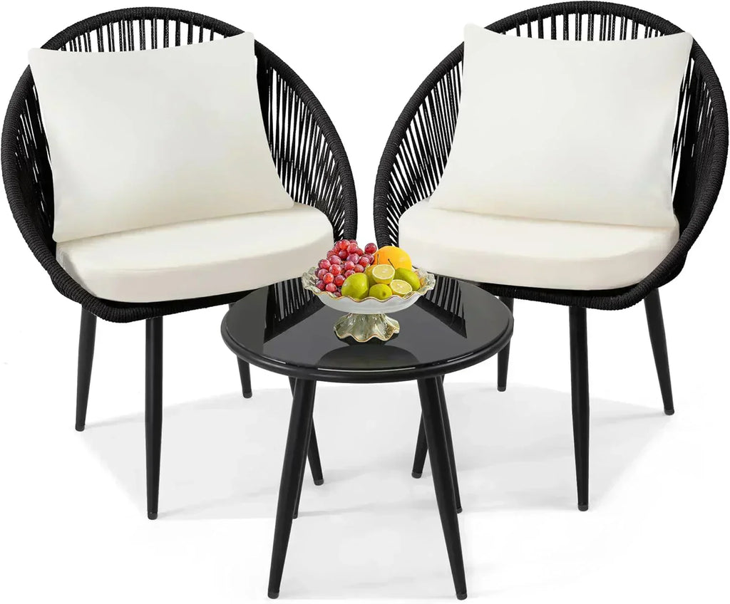 3 Piece Bistro Set Woven Rope Chair with Cushions All Weather Patio Conversation Set Side Table